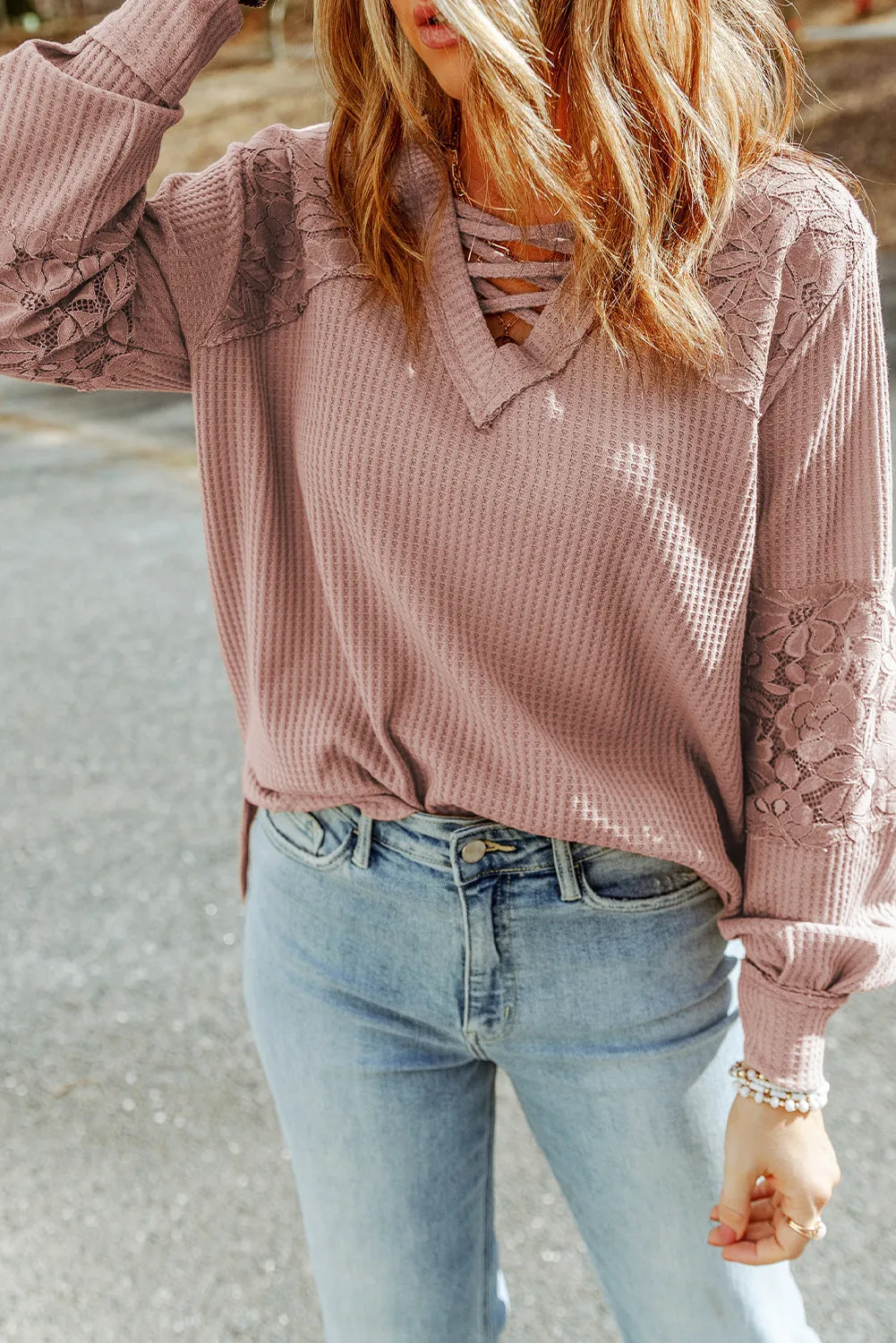 Lace Waffle V Neck Long Sleeve Top