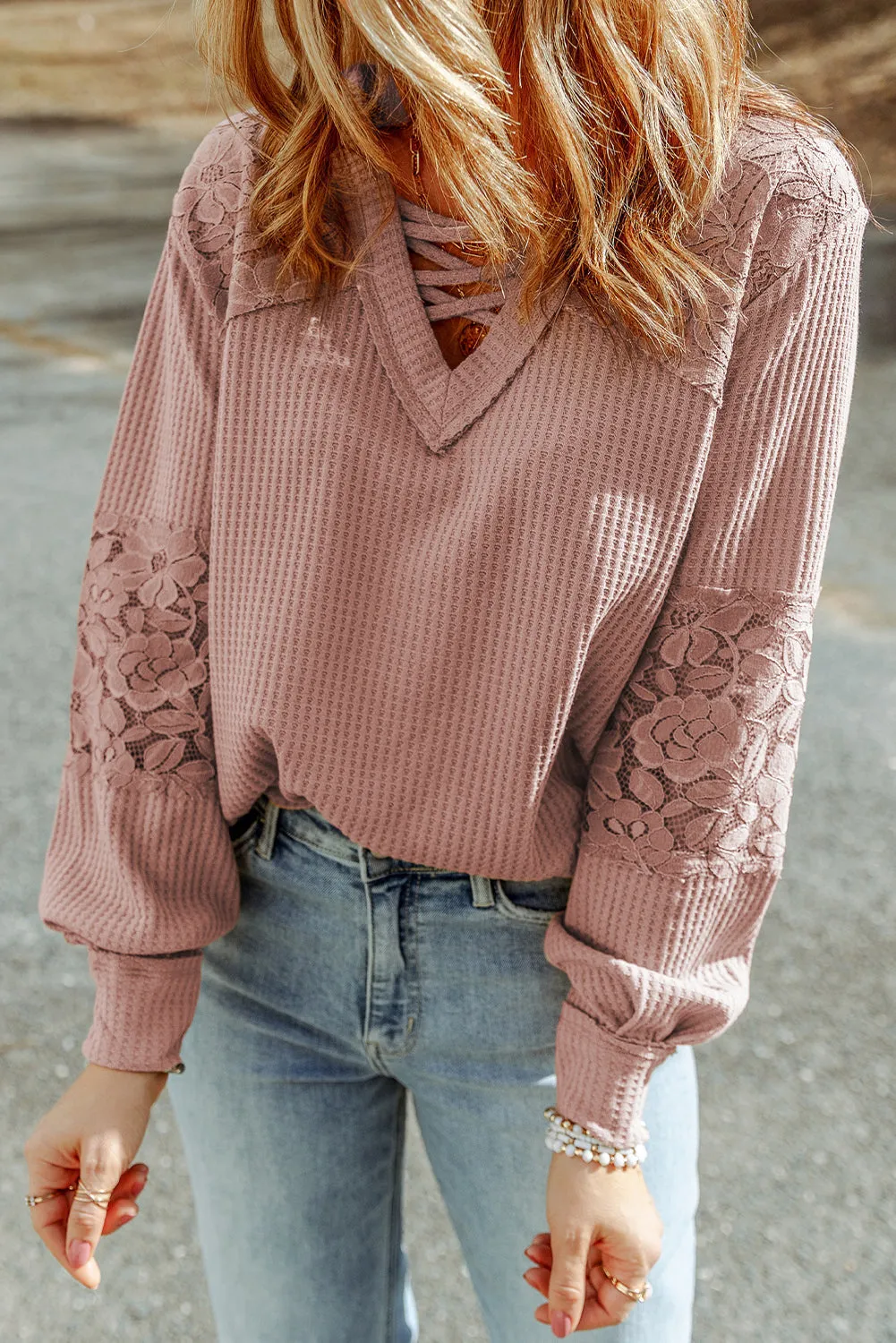 Lace Waffle V Neck Long Sleeve Top