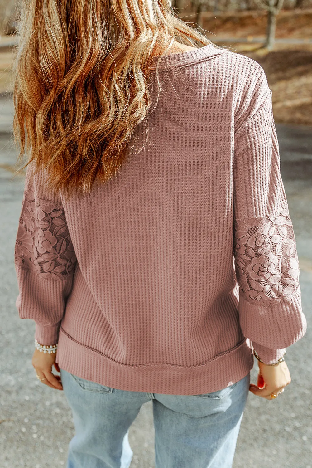 Lace Waffle V Neck Long Sleeve Top