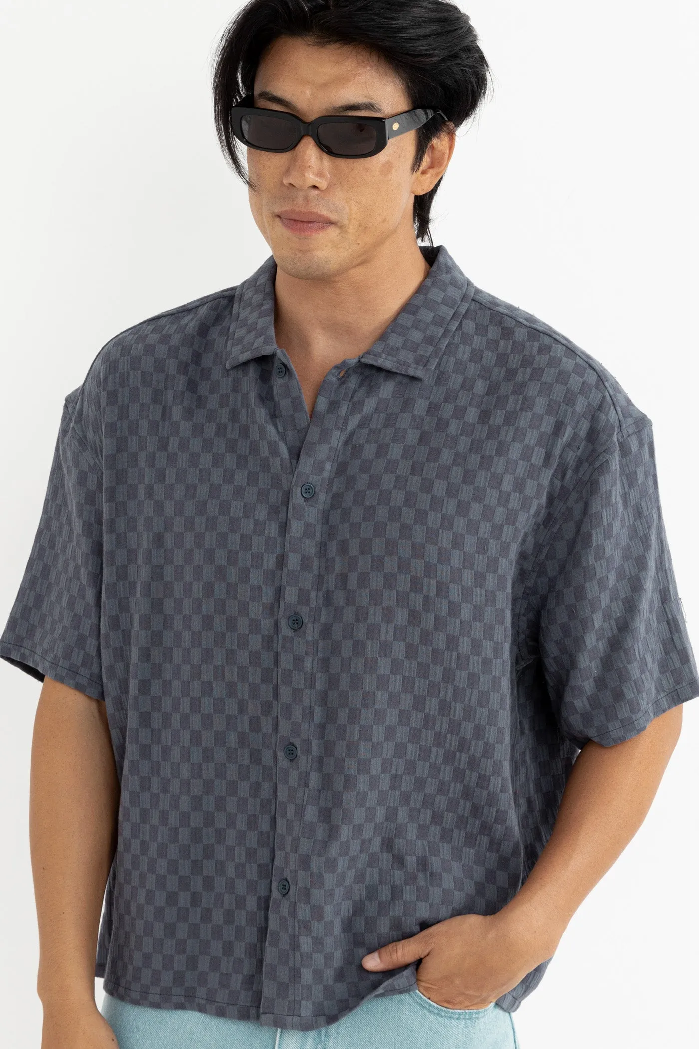 Leads Relaxed Check Ss Shirt Blue Sea