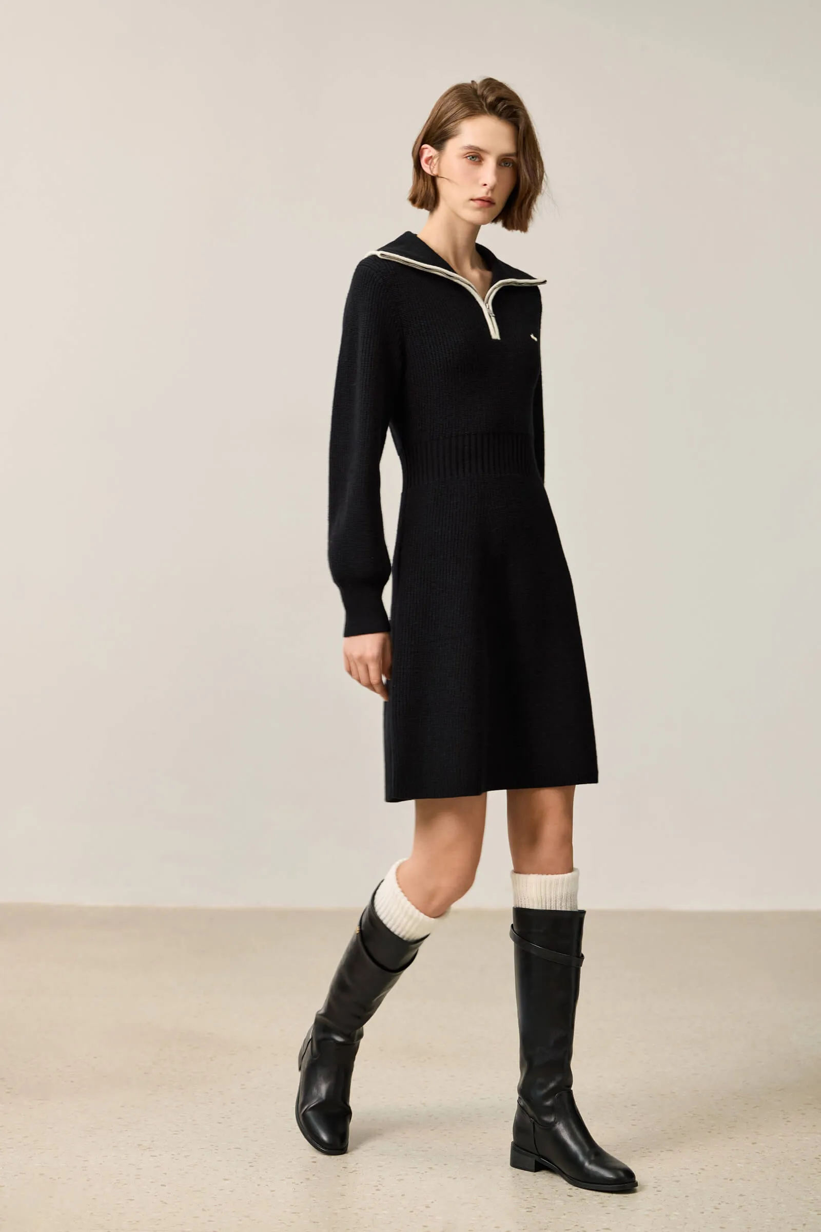 LILY Stylish Zip-Neck Long Sleeve Knit Dress