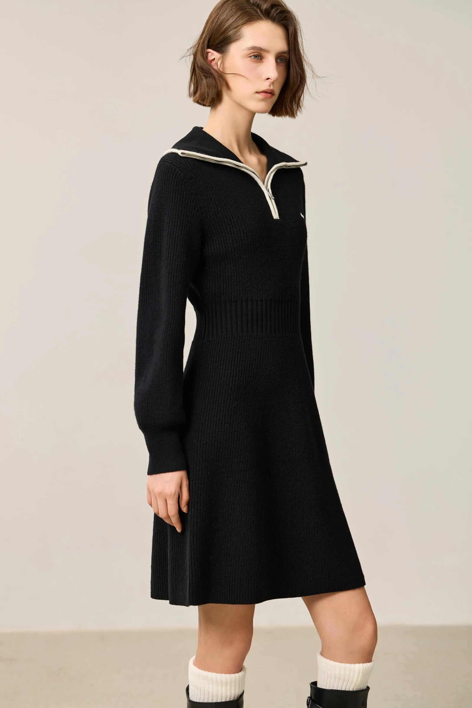 LILY Stylish Zip-Neck Long Sleeve Knit Dress