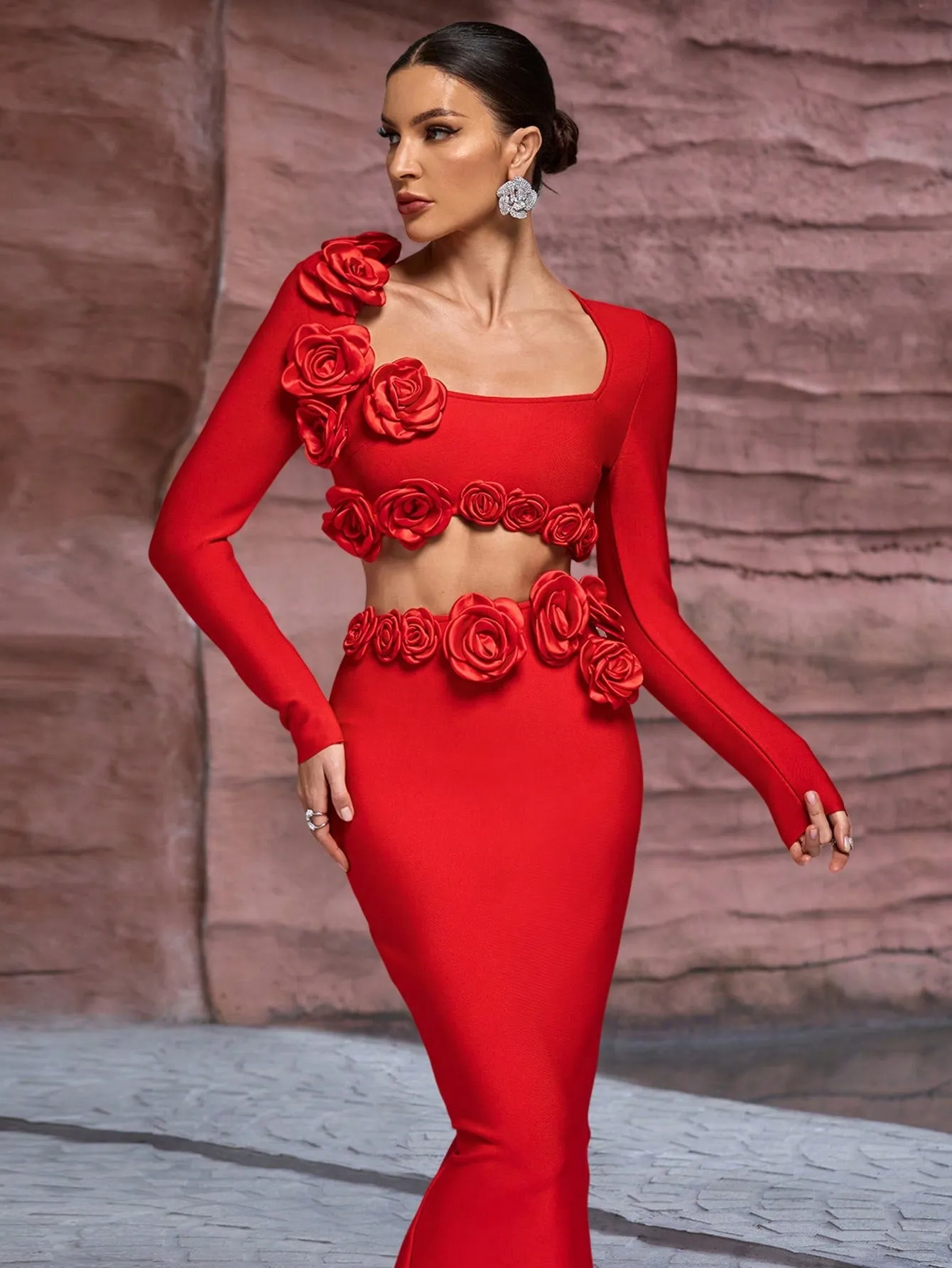 LLstyle 3D Flower Embellished Sexy Long Sleeve Top & Long Skirt Set