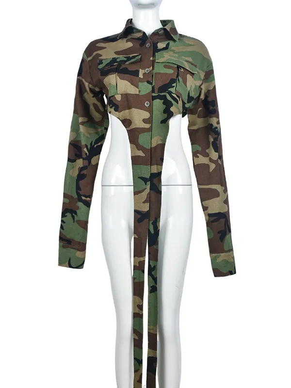 Long Sleeves Loose Buttoned Camouflage Pockets Tied Lapel Outerwear