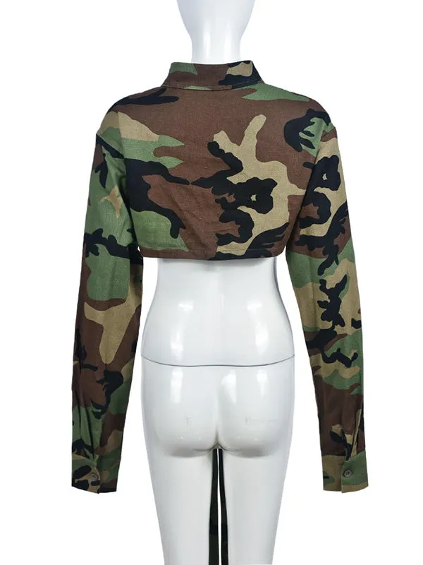 Long Sleeves Loose Buttoned Camouflage Pockets Tied Lapel Outerwear