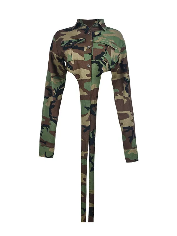 Long Sleeves Loose Buttoned Camouflage Pockets Tied Lapel Outerwear