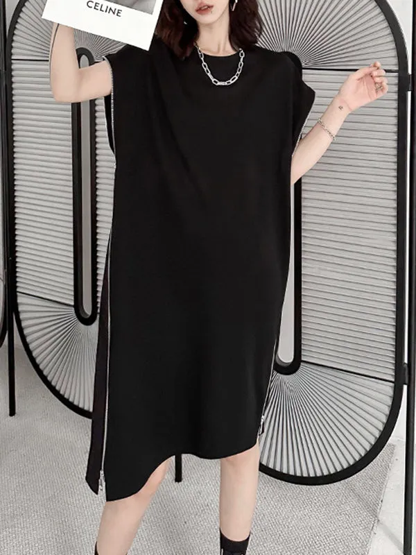 Loose Short Sleeves Asymmetric Zipper Round-Neck Dresses Midi Dresses