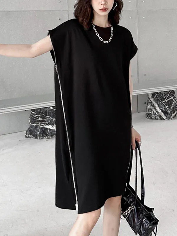 Loose Short Sleeves Asymmetric Zipper Round-Neck Dresses Midi Dresses