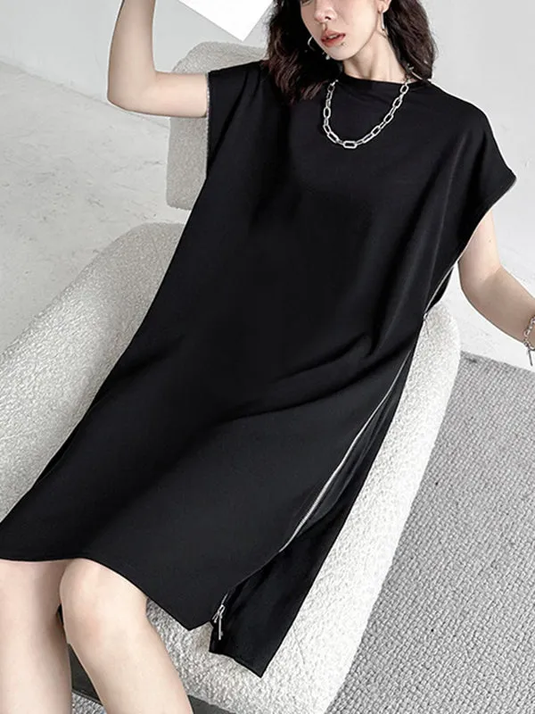 Loose Short Sleeves Asymmetric Zipper Round-Neck Dresses Midi Dresses