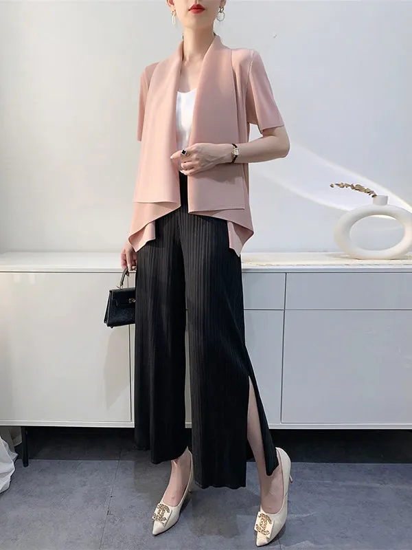 Loose Short Sleeves Pleated Solid Color Collarless Outerwear