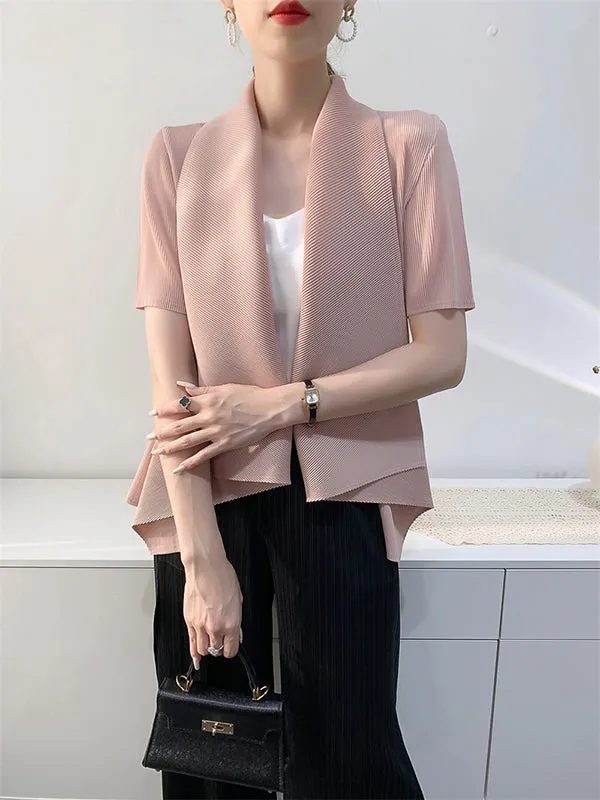 Loose Short Sleeves Pleated Solid Color Collarless Outerwear