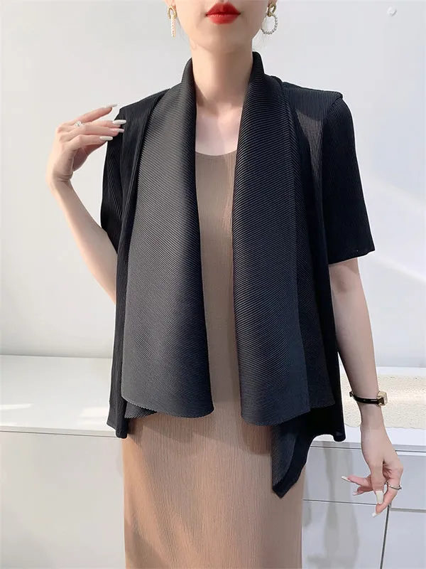 Loose Short Sleeves Pleated Solid Color Collarless Outerwear