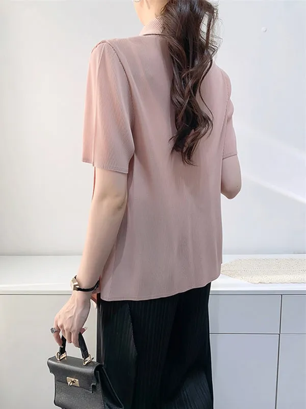 Loose Short Sleeves Pleated Solid Color Collarless Outerwear