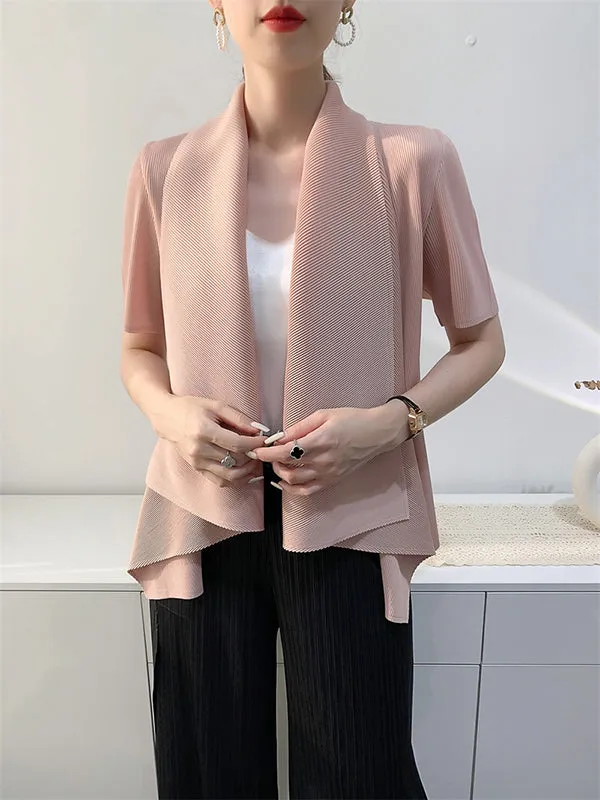 Loose Short Sleeves Pleated Solid Color Collarless Outerwear