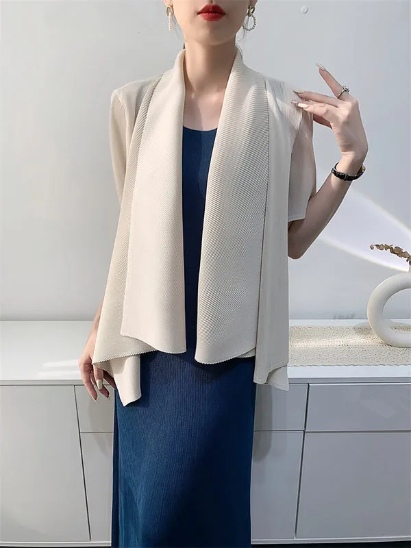 Loose Short Sleeves Pleated Solid Color Collarless Outerwear