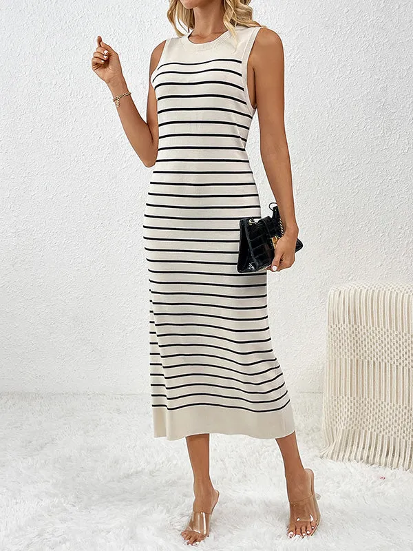 Loose Sleeveless Striped Round-Neck Knit Dresses Midi Dresses