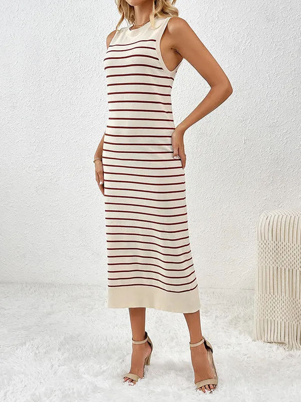 Loose Sleeveless Striped Round-Neck Knit Dresses Midi Dresses