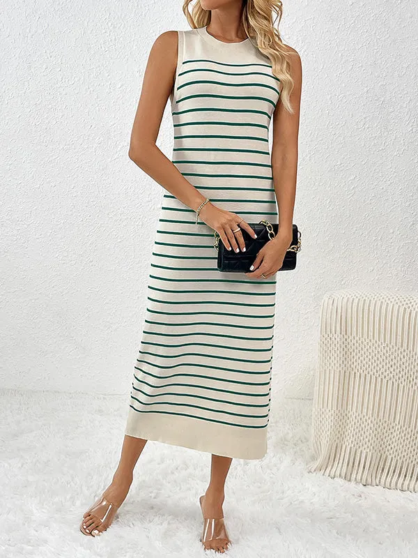 Loose Sleeveless Striped Round-Neck Knit Dresses Midi Dresses