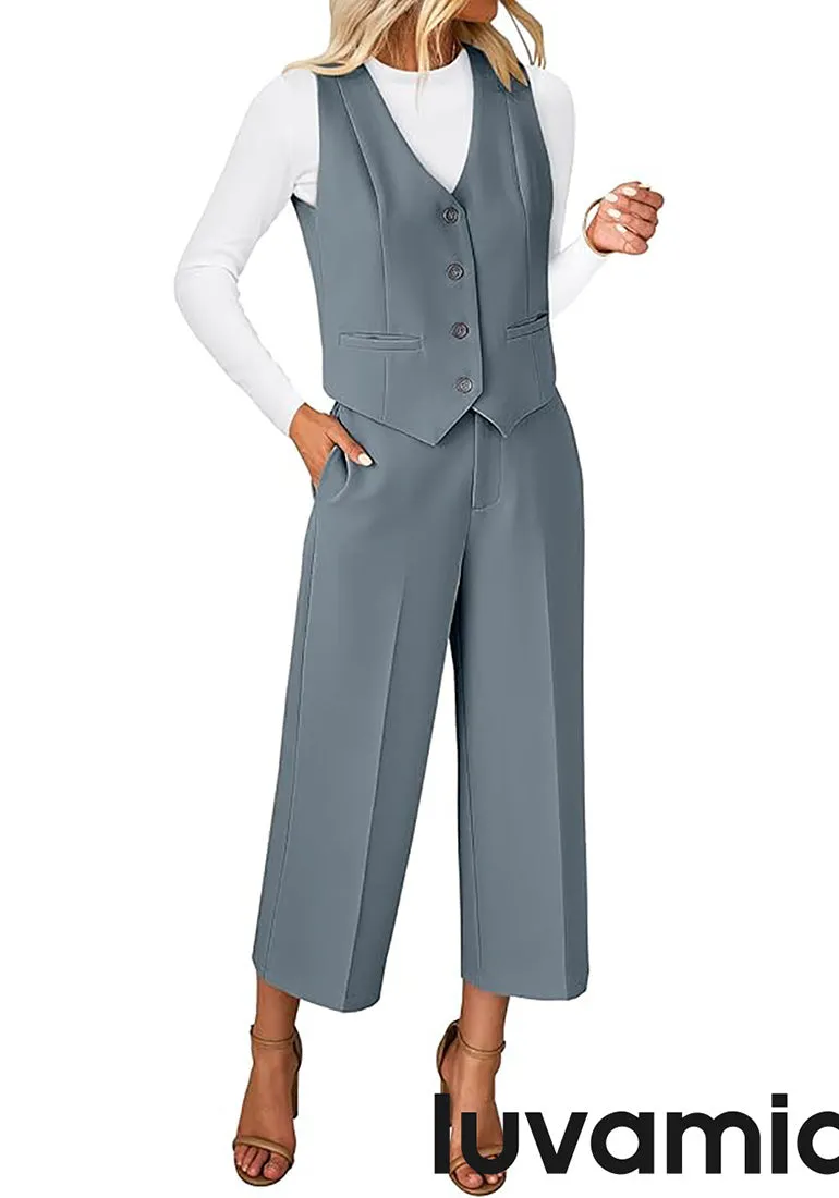 LUVAMIA Women's 2 Piece Business Casual Long Pants Outfit Pant Suit V Neck Vest Wide Leg Pantsuits