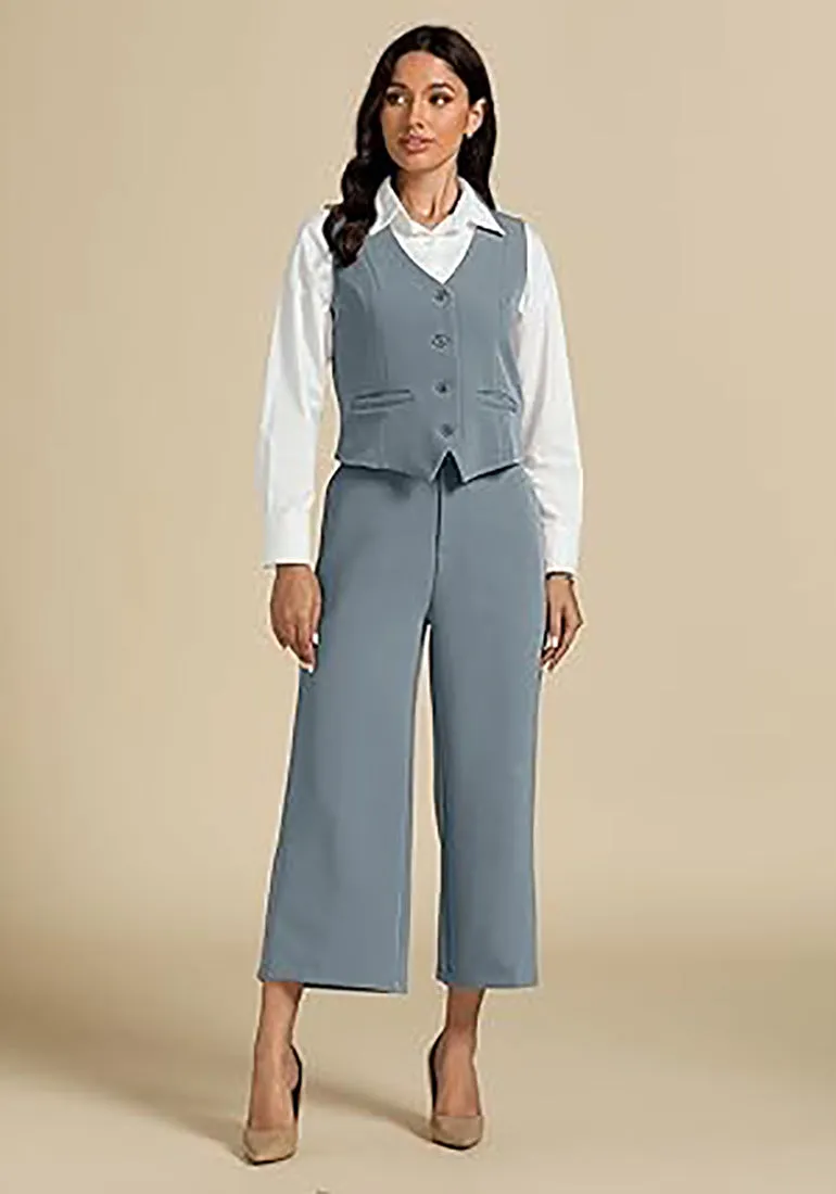 LUVAMIA Women's 2 Piece Business Casual Long Pants Outfit Pant Suit V Neck Vest Wide Leg Pantsuits