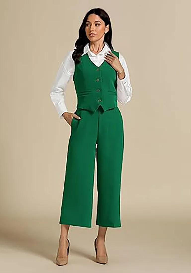 LUVAMIA Women's 2 Piece Business Casual Long Pants Outfit Pant Suit V Neck Vest Wide Leg Pantsuits