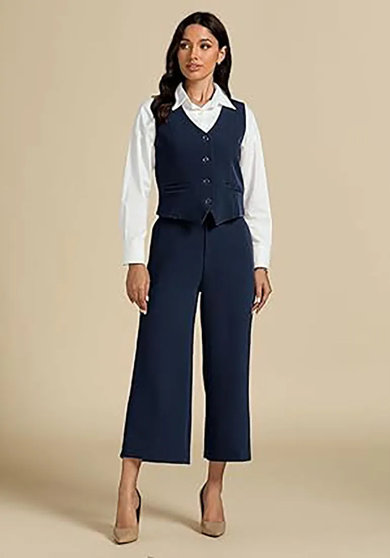 LUVAMIA Women's 2 Piece Business Casual Long Pants Outfit Pant Suit V Neck Vest Wide Leg Pantsuits