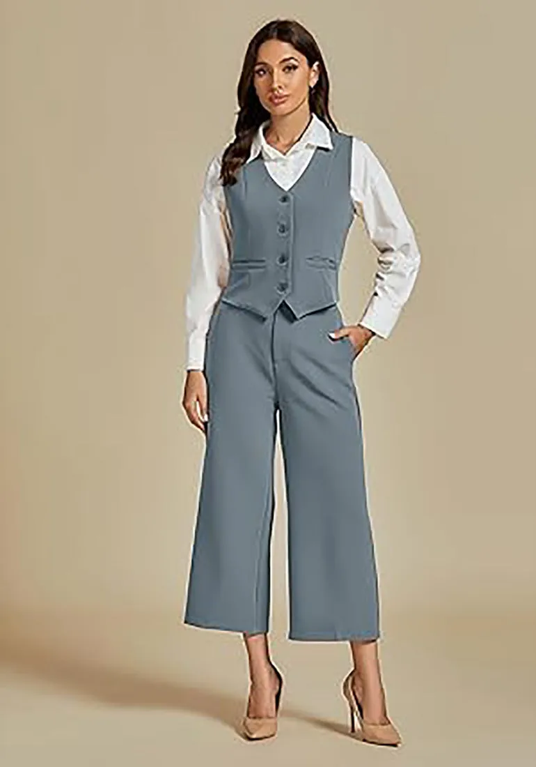 LUVAMIA Women's 2 Piece Business Casual Long Pants Outfit Pant Suit V Neck Vest Wide Leg Pantsuits