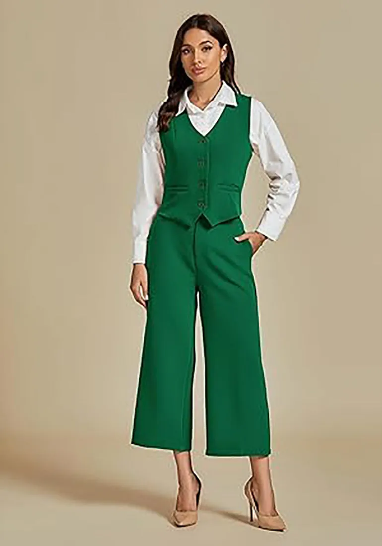 LUVAMIA Women's 2 Piece Business Casual Long Pants Outfit Pant Suit V Neck Vest Wide Leg Pantsuits