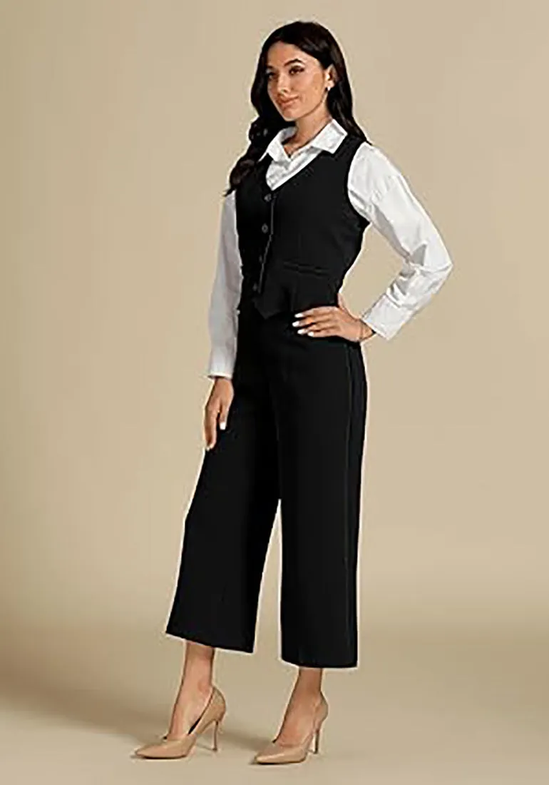 LUVAMIA Women's 2 Piece Business Casual Long Pants Outfit Pant Suit V Neck Vest Wide Leg Pantsuits