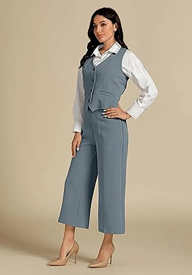 LUVAMIA Women's 2 Piece Business Casual Long Pants Outfit Pant Suit V Neck Vest Wide Leg Pantsuits