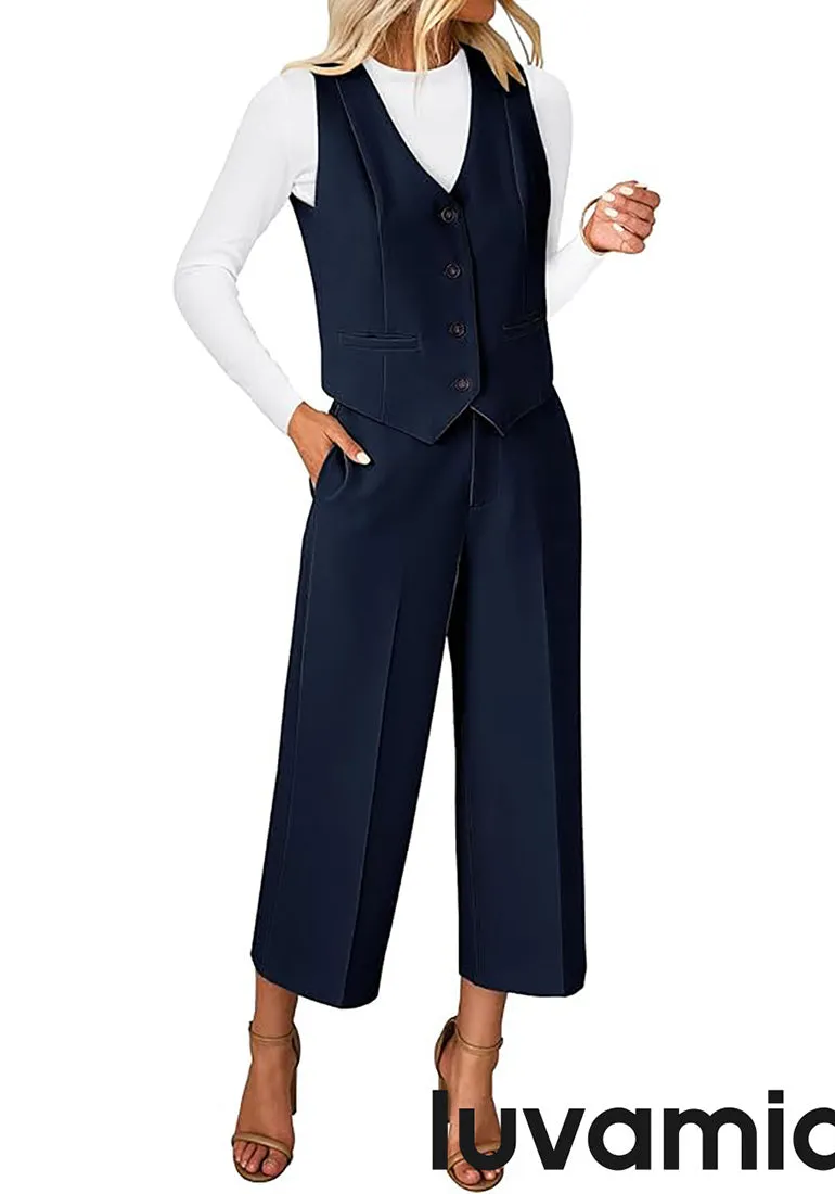 LUVAMIA Women's 2 Piece Business Casual Long Pants Outfit Pant Suit V Neck Vest Wide Leg Pantsuits