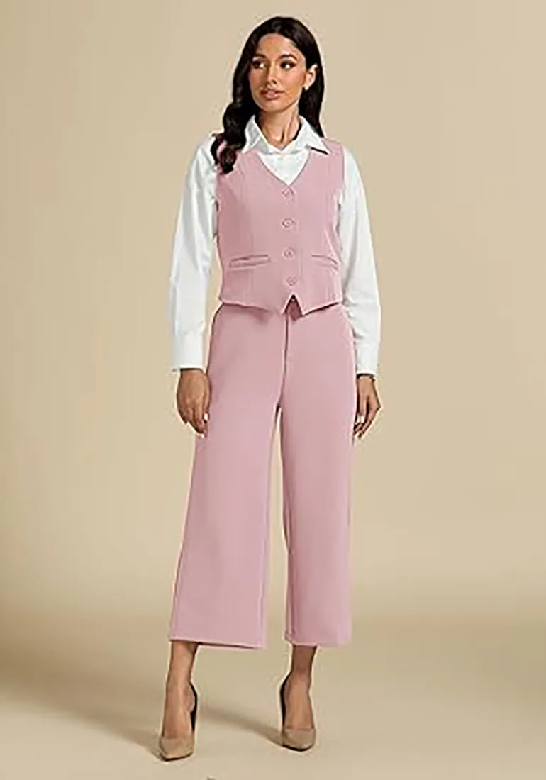 LUVAMIA Women's 2 Piece Business Casual Long Pants Outfit Pant Suit V Neck Vest Wide Leg Pantsuits