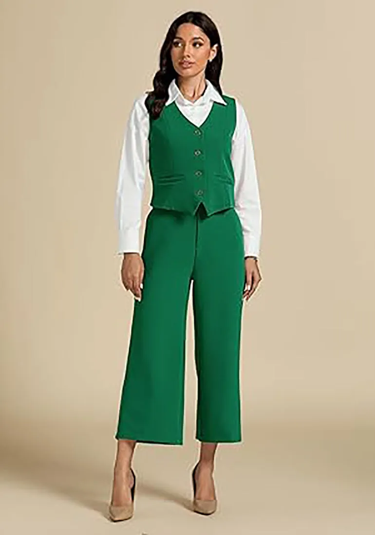 LUVAMIA Women's 2 Piece Business Casual Long Pants Outfit Pant Suit V Neck Vest Wide Leg Pantsuits