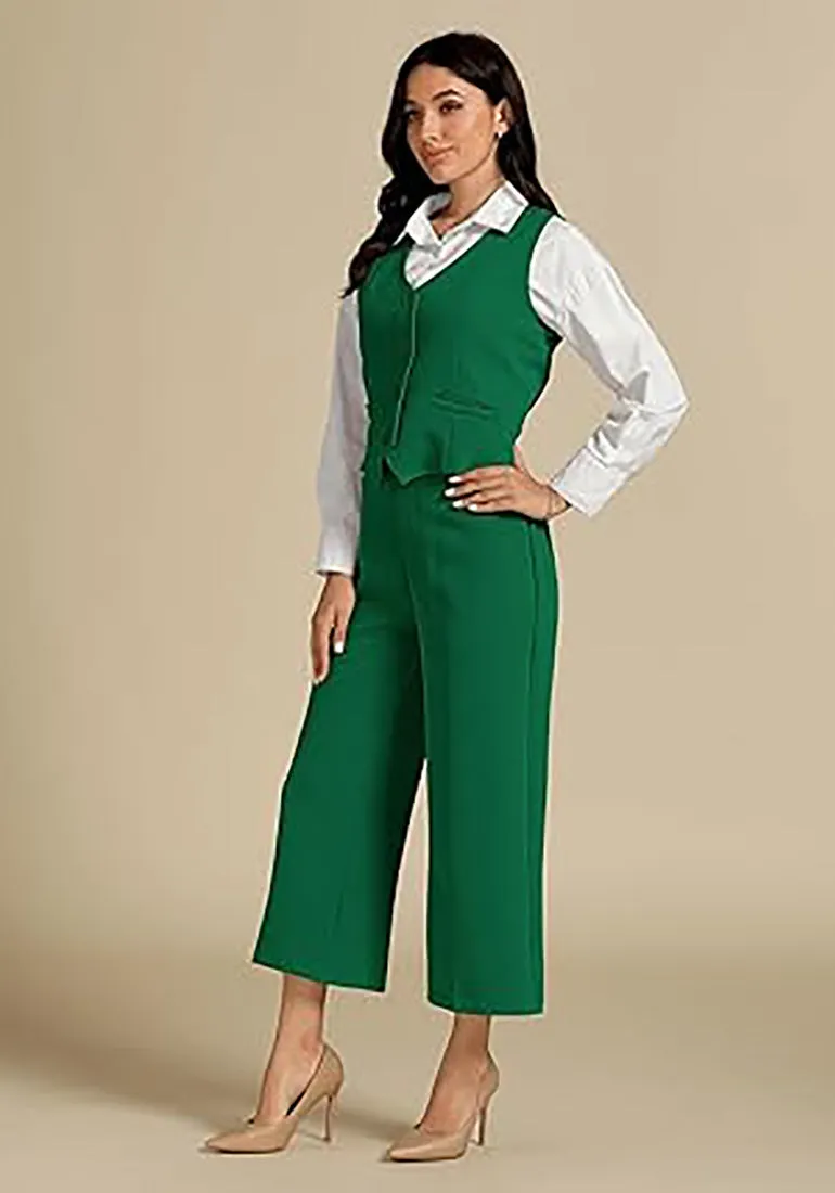 LUVAMIA Women's 2 Piece Business Casual Long Pants Outfit Pant Suit V Neck Vest Wide Leg Pantsuits