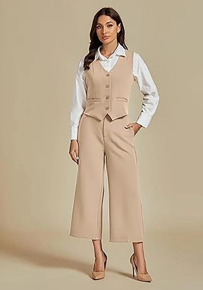 LUVAMIA Women's 2 Piece Business Casual Long Pants Outfit Pant Suit V Neck Vest Wide Leg Pantsuits