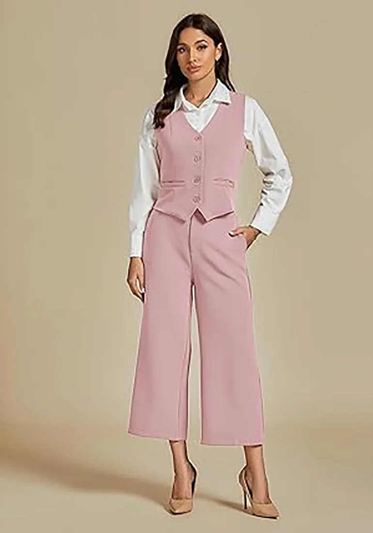 LUVAMIA Women's 2 Piece Business Casual Long Pants Outfit Pant Suit V Neck Vest Wide Leg Pantsuits