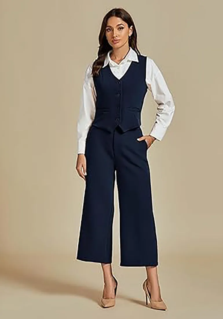 LUVAMIA Women's 2 Piece Business Casual Long Pants Outfit Pant Suit V Neck Vest Wide Leg Pantsuits