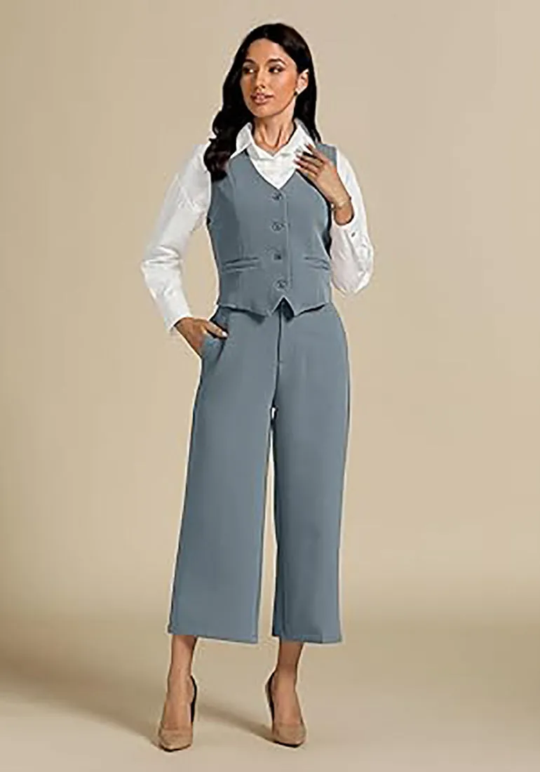 LUVAMIA Women's 2 Piece Business Casual Long Pants Outfit Pant Suit V Neck Vest Wide Leg Pantsuits