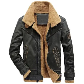 Men's Black Sheepskin Biker Leather Jacket with Shearling Collar