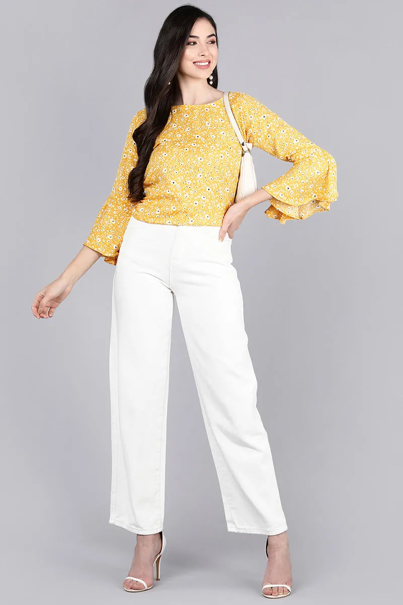 Mustard Crepe Floral Printed Top with Bell Sleeves