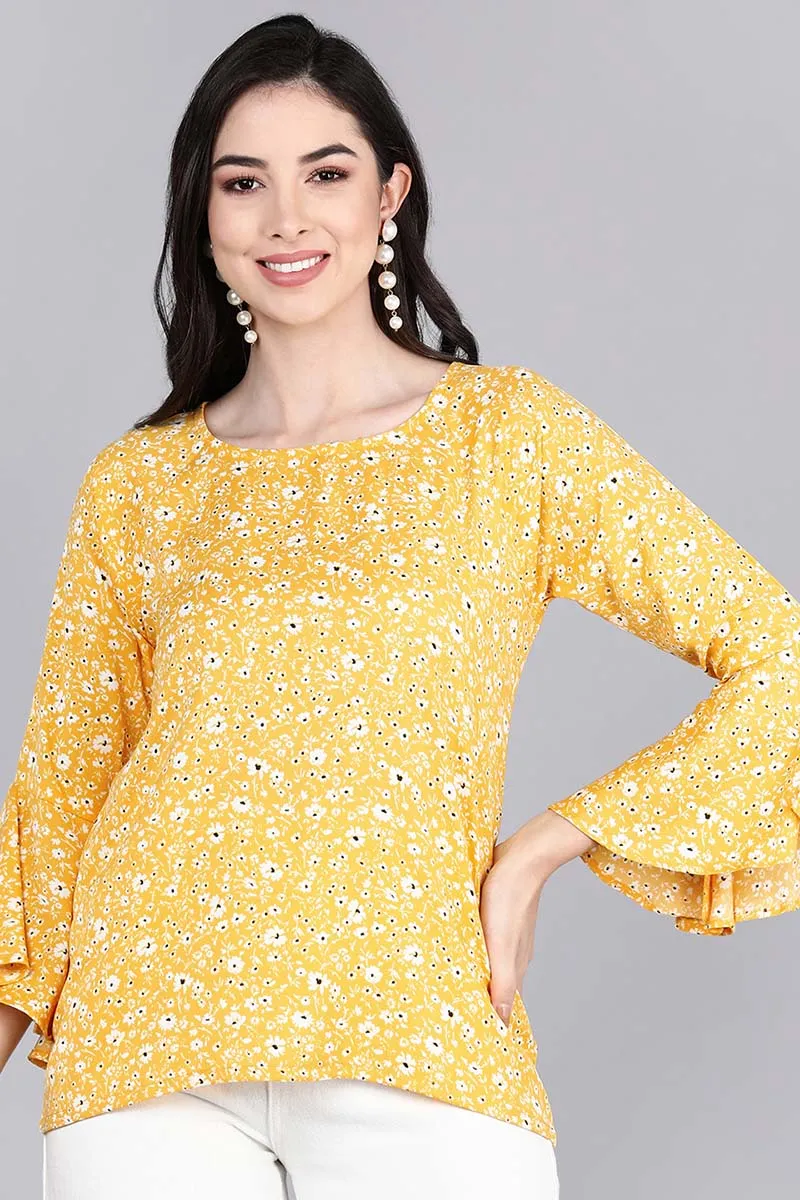 Mustard Crepe Floral Printed Top with Bell Sleeves