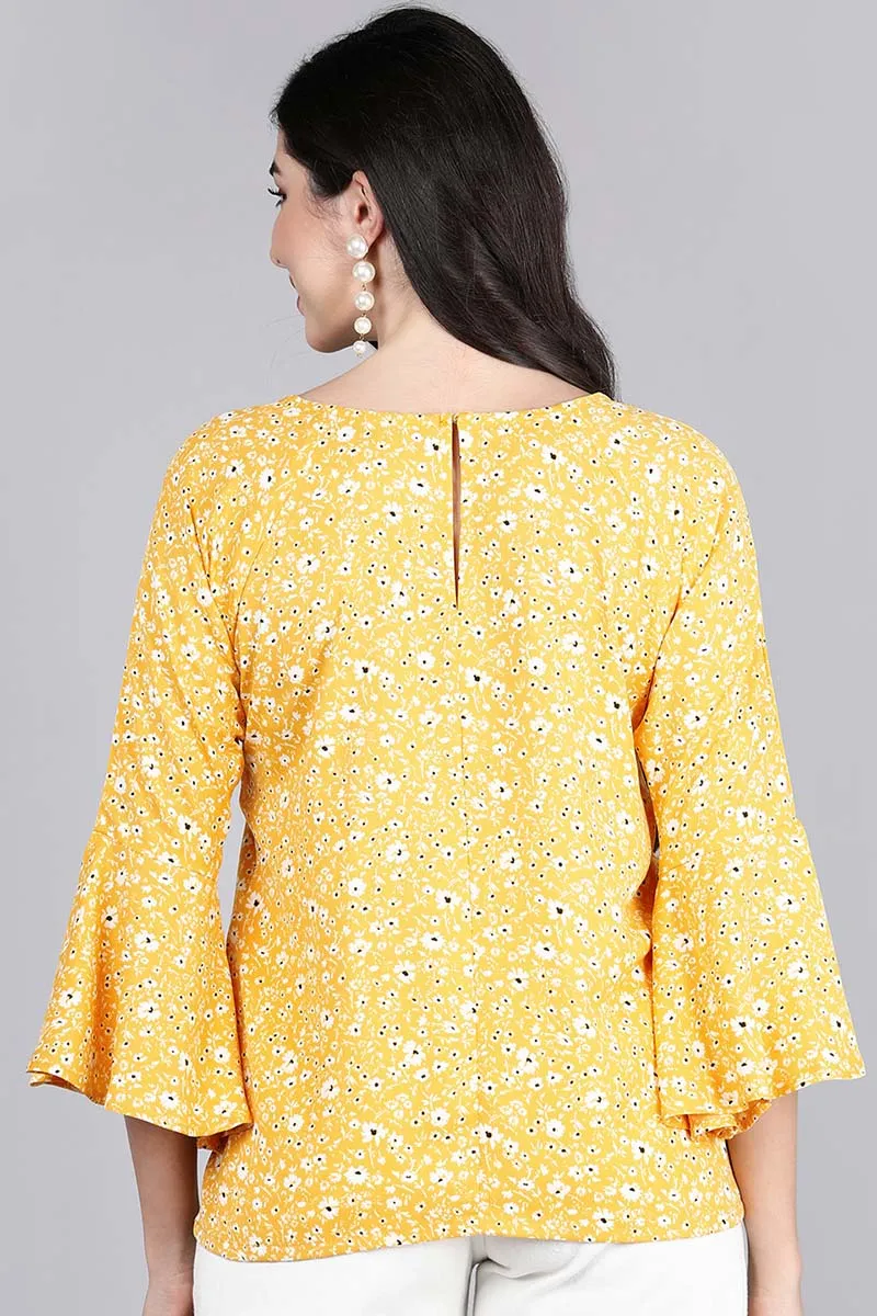 Mustard Crepe Floral Printed Top with Bell Sleeves