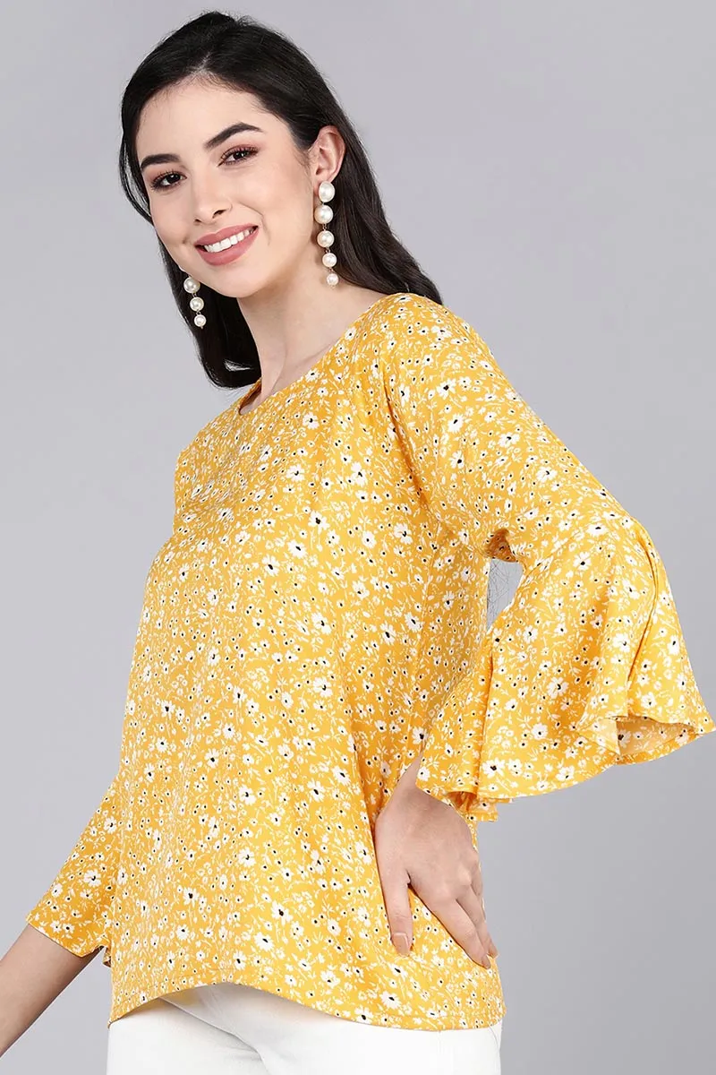 Mustard Crepe Floral Printed Top with Bell Sleeves