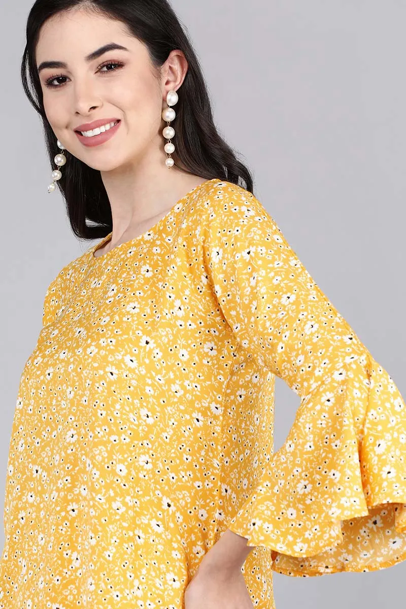 Mustard Crepe Floral Printed Top with Bell Sleeves