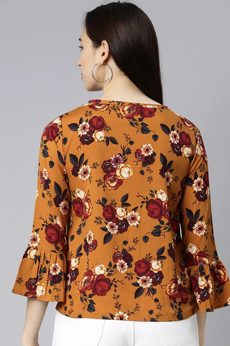 Ochre Brown Georgette Floral Printed Top