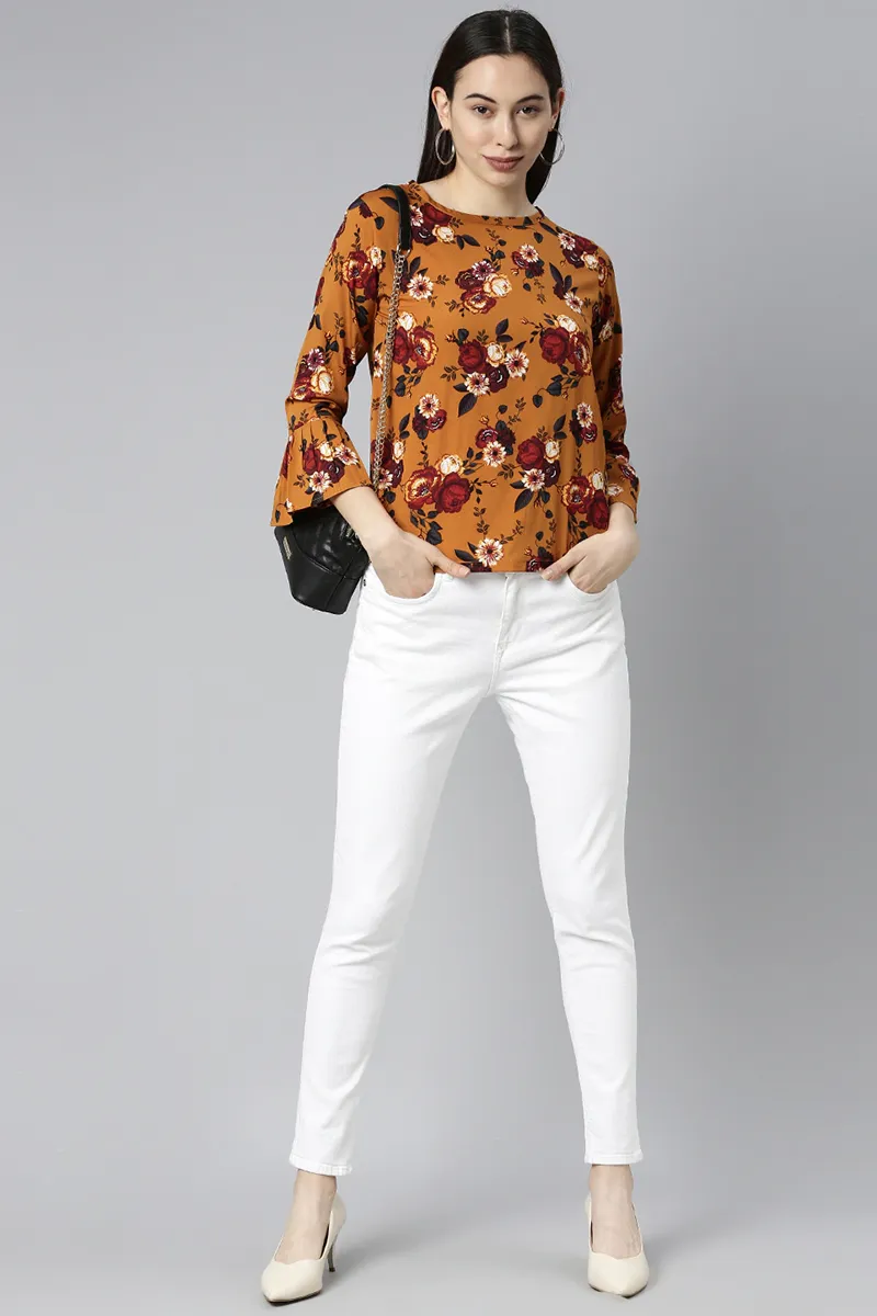 Ochre Brown Georgette Floral Printed Top