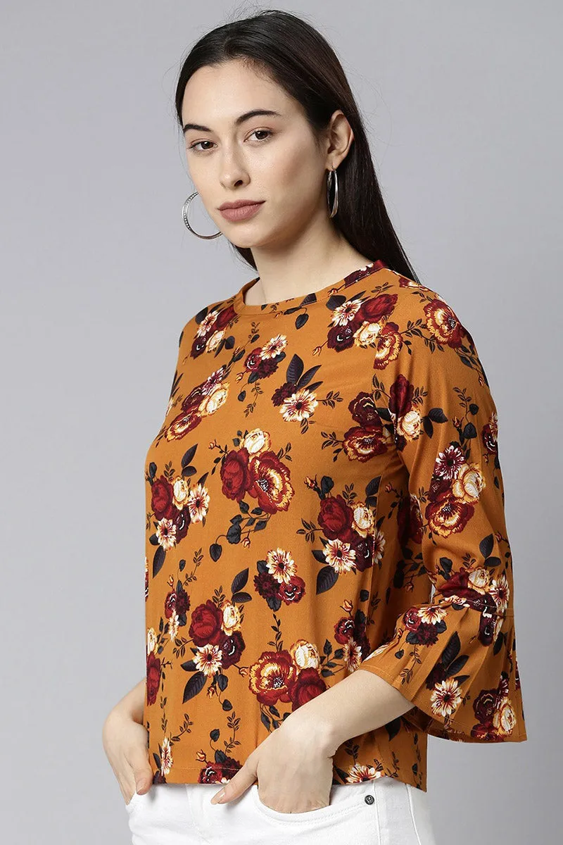 Ochre Brown Georgette Floral Printed Top