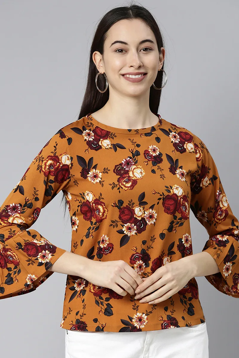 Ochre Brown Georgette Floral Printed Top