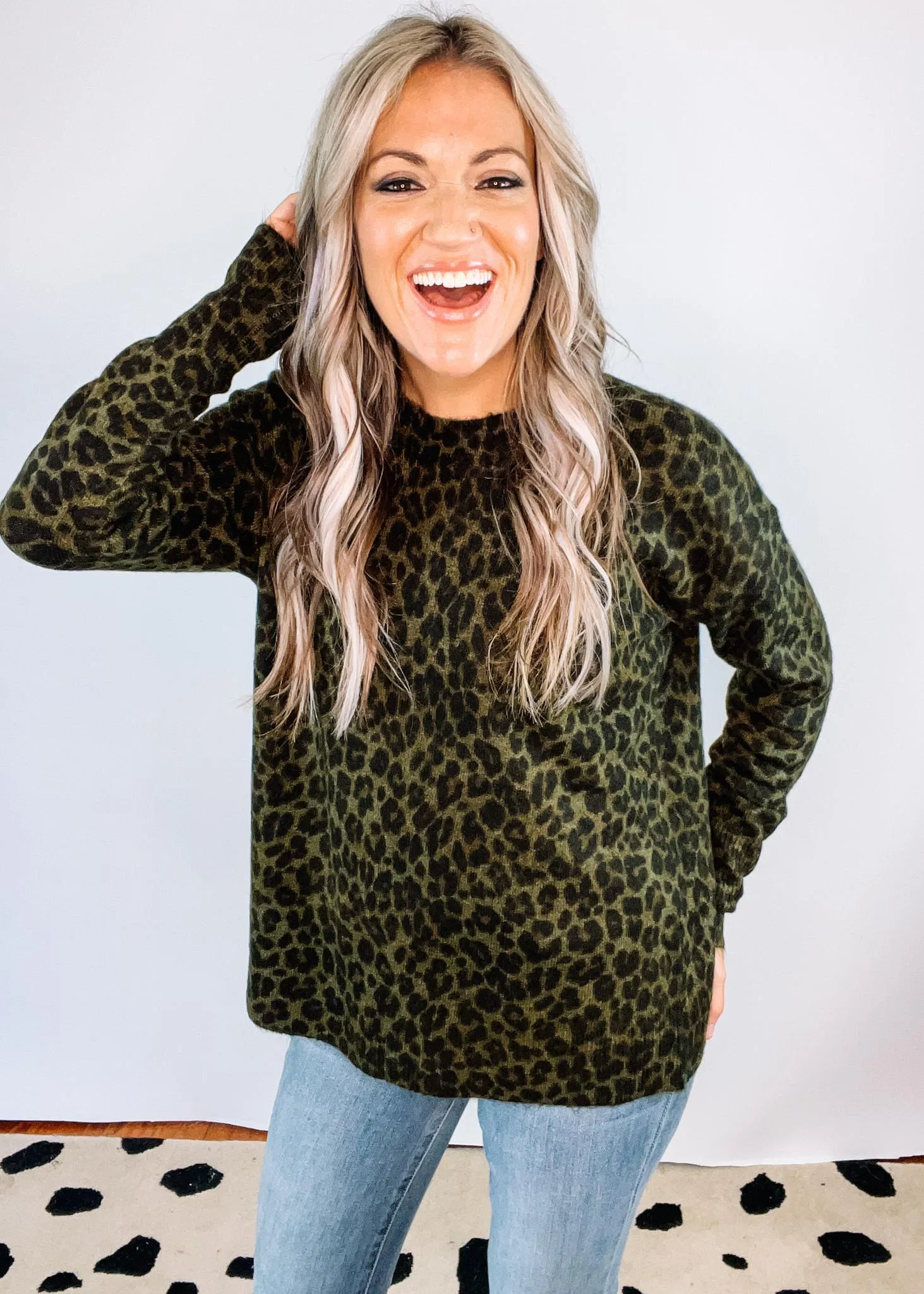 Olive Leopard Print Crew Neck