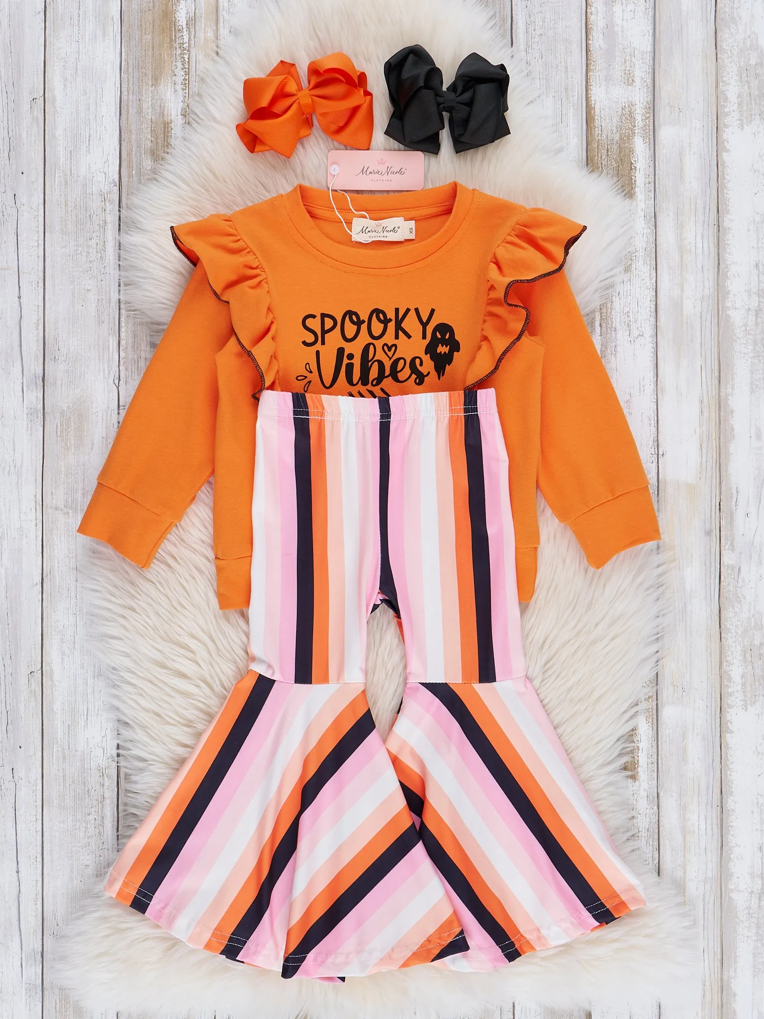 Orange "Spooky Vibes" Striped Bell Bottom Outfit